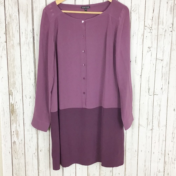 eileen fisher colorblock silk tunic dress EILEEN FISHER 100% Silk BalletNK long sleeve shirt dress women’s small